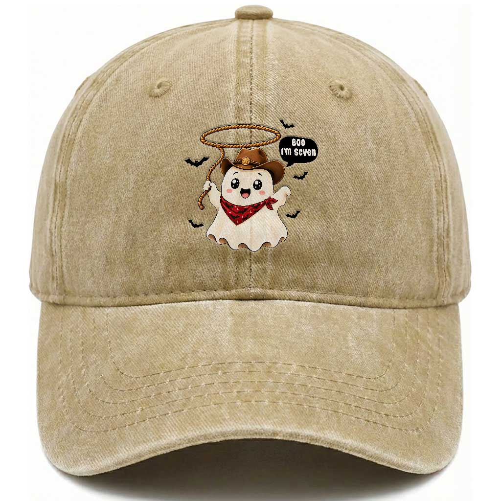Halloween Spooky Cowboy Ghost 7th Birthday Washed Cotton Baseball Cap Boo Im Seven Western Party Gift