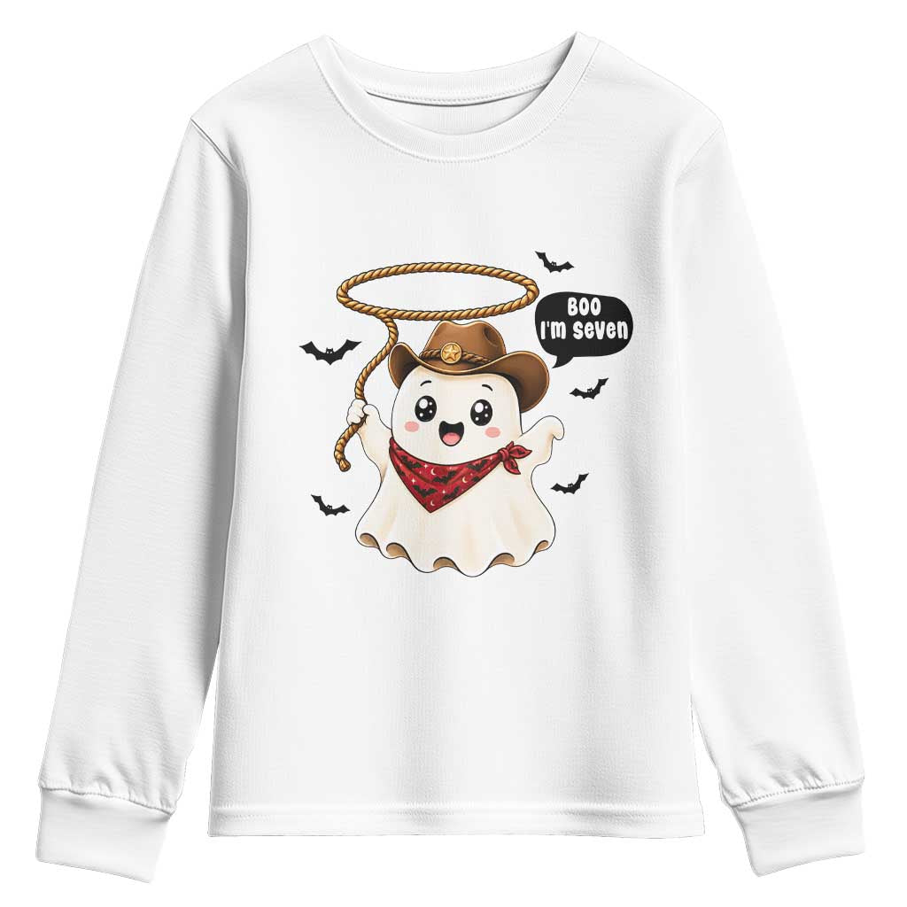 Halloween Spooky Cowboy Ghost 7th Birthday Youth Sweatshirt Boo Im Seven Western Party Gift