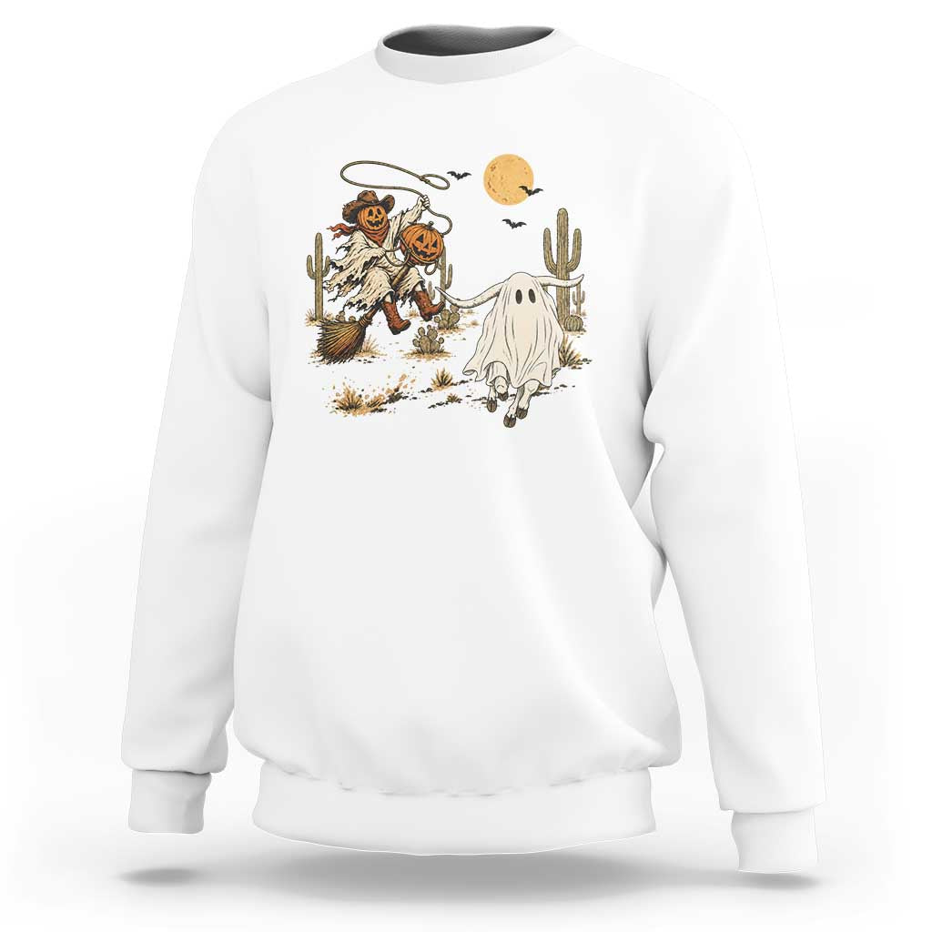 Pumpkin Head Ghost Cowboy Roping Longhorn Sweatshirt Spooky Western Halloween Rodeo Gift