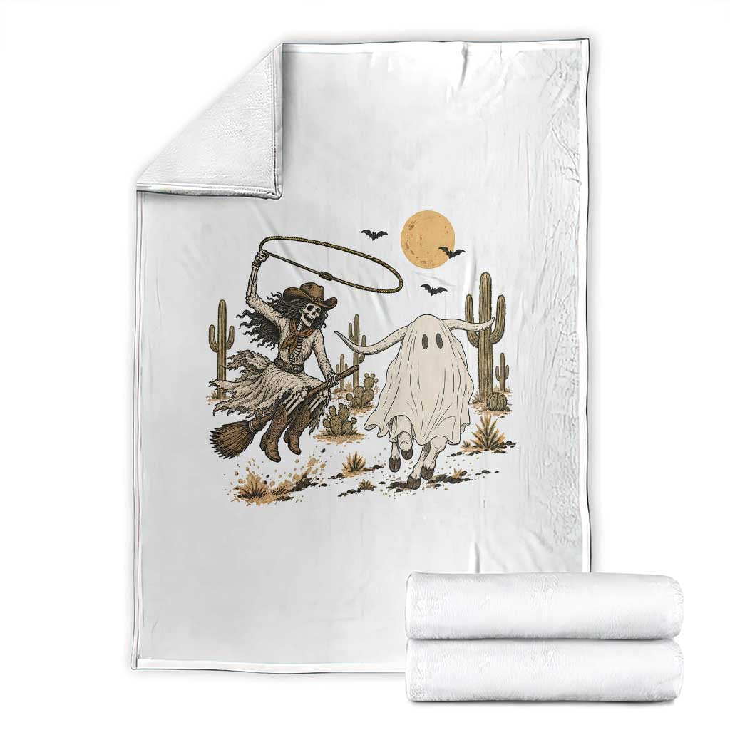 Skeleton Cowgirl Witch Roping Longhorn Throw Blanket Spooky Western Halloween Rodeo Gift