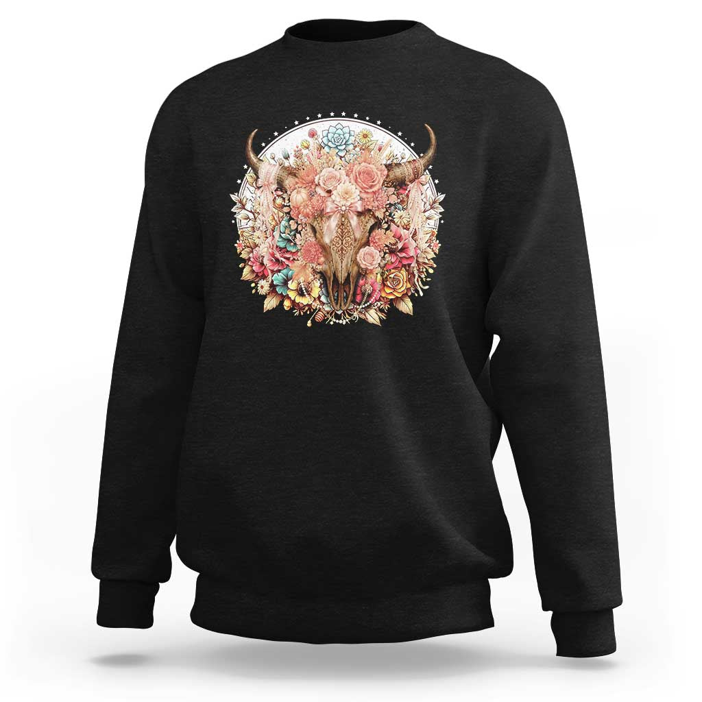 Boho Western Floral Longhorn Bull Skull Sweatshirt Rustic Cowgirl Ranch Gift