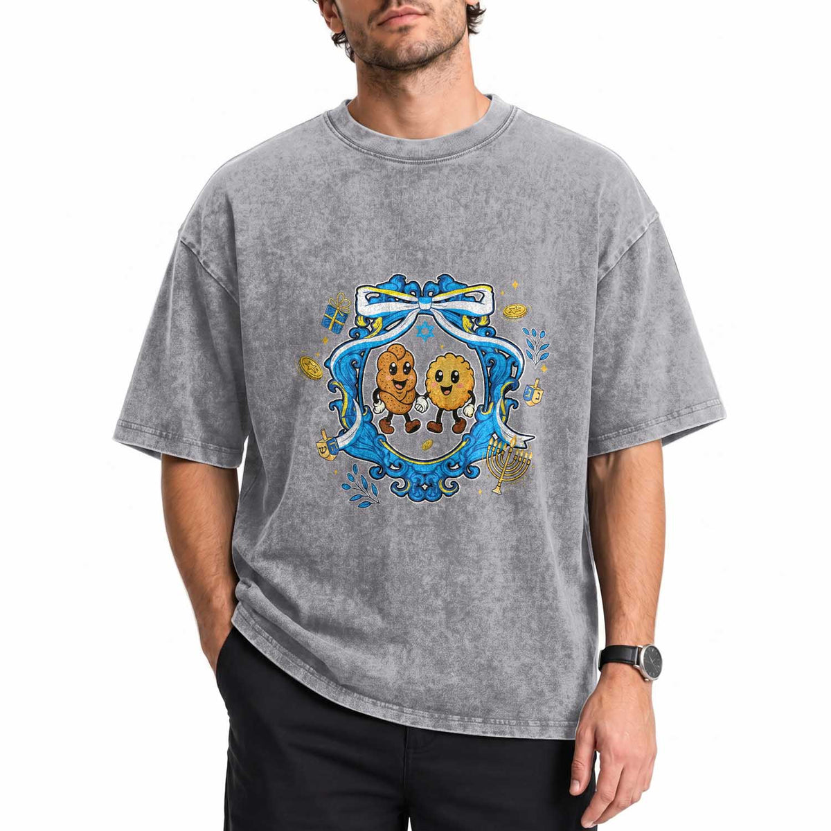 Funny Hanukkah Washed Cotton T-Shirt Challah And Latke Cute Food Lover Gift