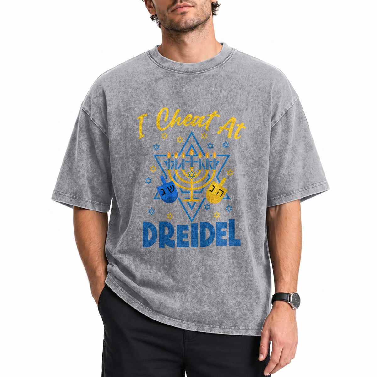 I Cheat At Dreidel Washed Cotton T-Shirt Funny Hanukkah Jewish Gift