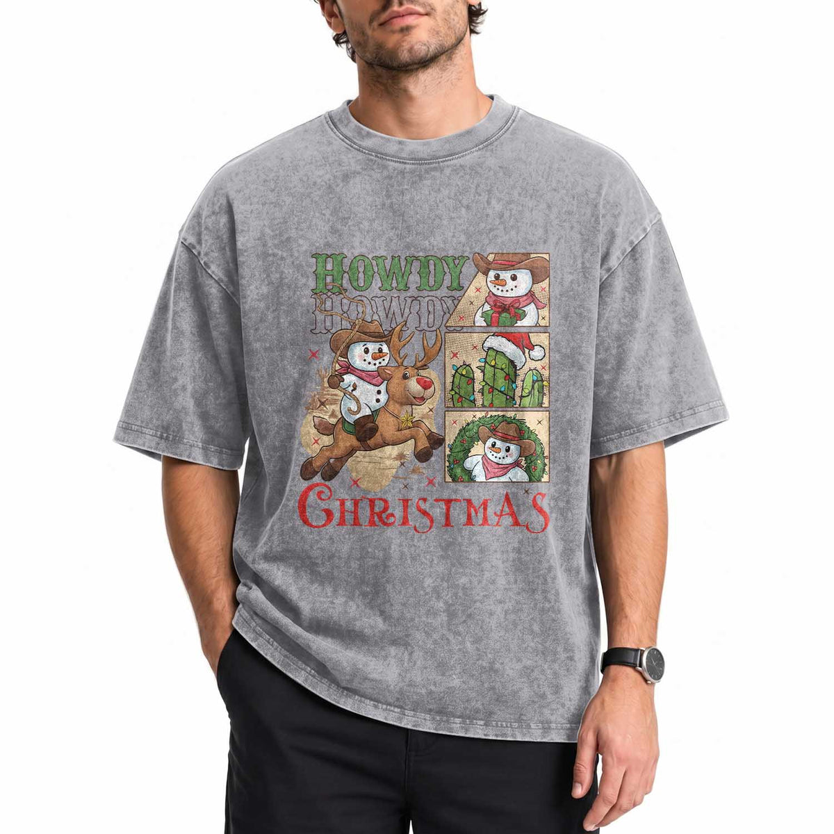 Funny Snowman Cowboy Howdy Christmas Washed Cotton T-Shirt Western Holiday Gift