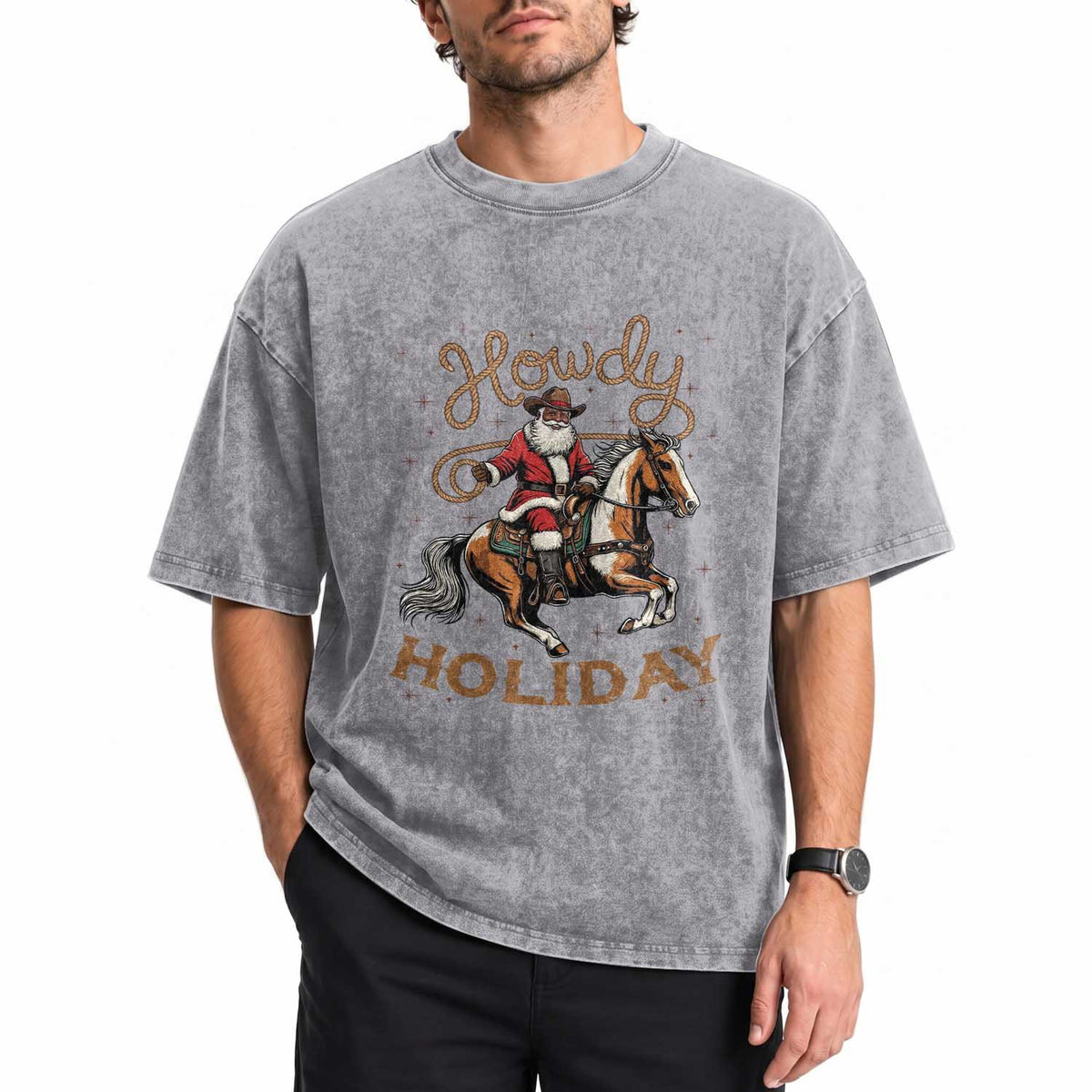 Black Santa Howdy Western Cowboy Washed Cotton T-Shirt Christmas Gift
