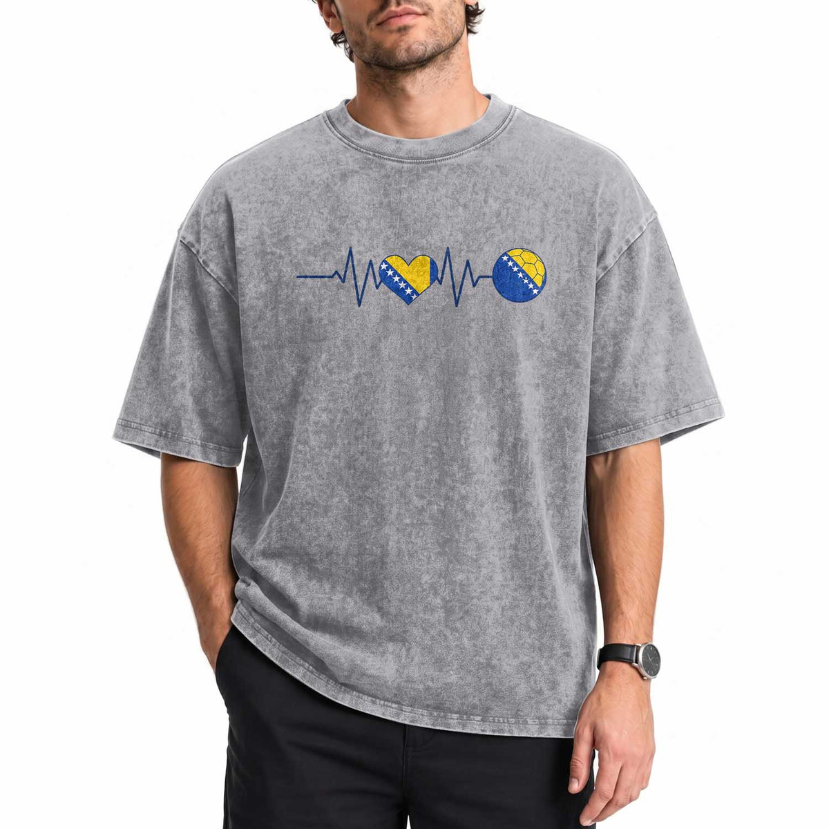 Bosnian Fudbal Heartbeat Washed Cotton T-Shirt Bosnia And Herzegovina Soccer Fan Gift