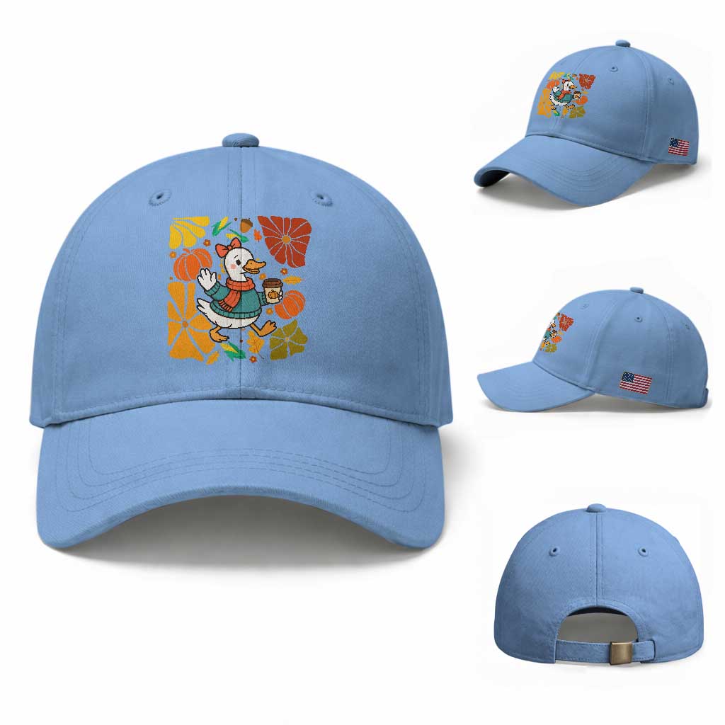 Thanksgiving Duck Lover Gift Baseball Cap Cute Duck Drinking Coffee