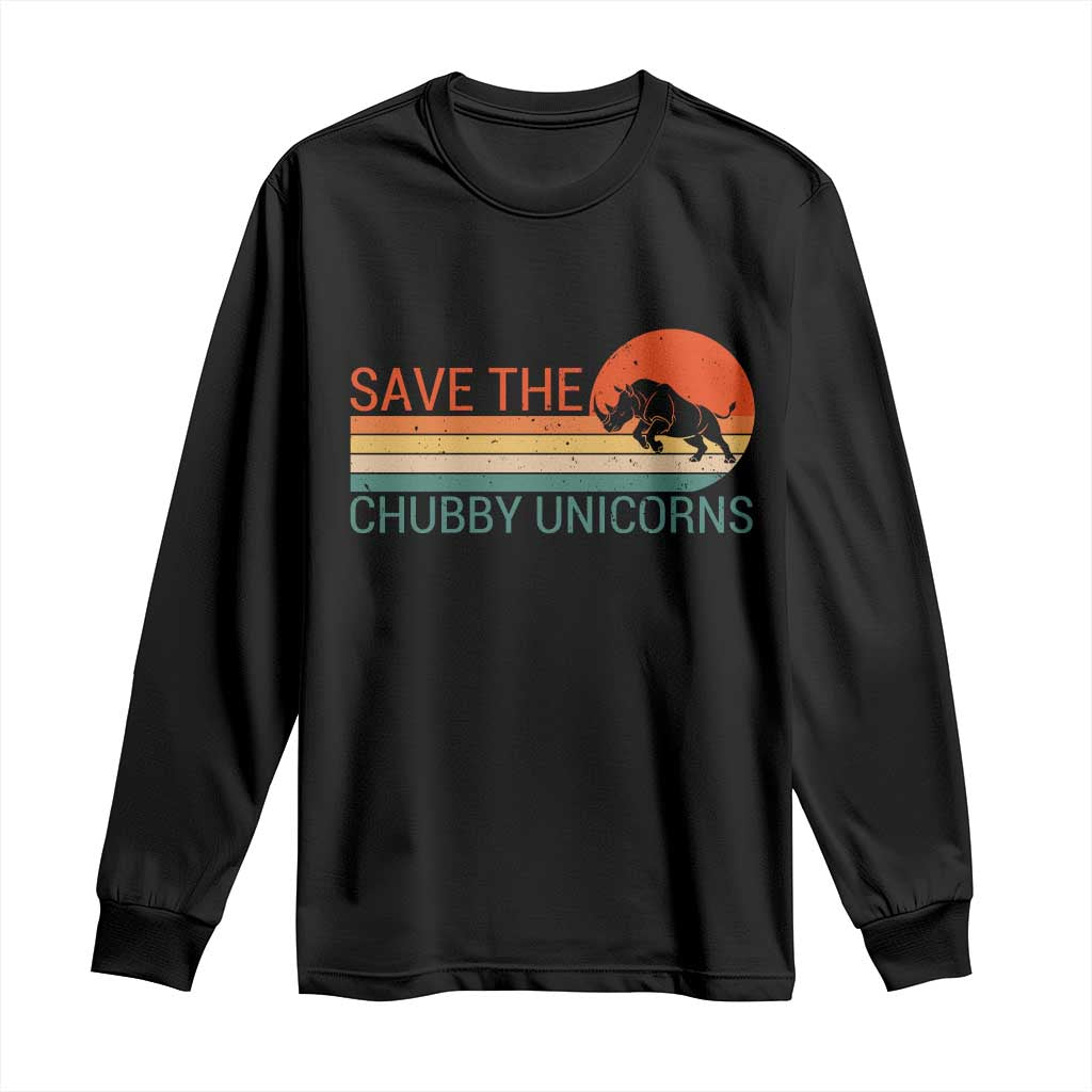 Save The Chubby Unicorns Rhino Retro Sunset Long Sleeve Shirt Funny Animal Lover Gift
