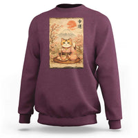 Japanese Maneki Neko Drinking Tea Kawaii Lucky Cat Sweatshirt - Wonder Print Shop