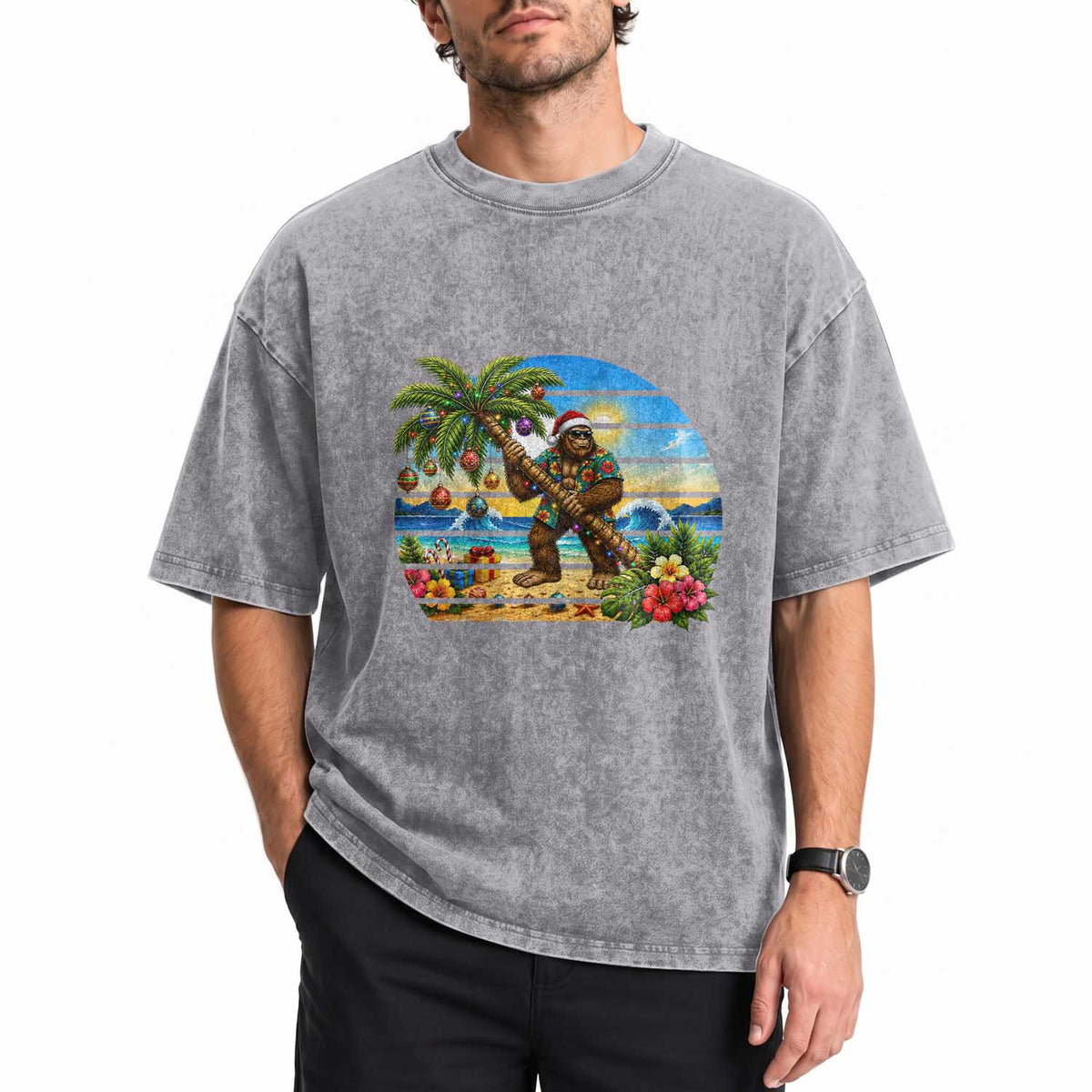 Funny Christmas In July Bigfoot Washed Cotton T-Shirt Tropical Vacation Graphic