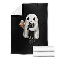 Funny Halloween Throw Blanket Cute Ghost Holding Black Cat Drinking Beer