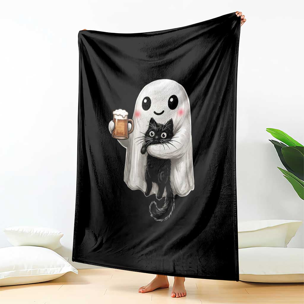 Funny Halloween Throw Blanket Cute Ghost Holding Black Cat Drinking Beer