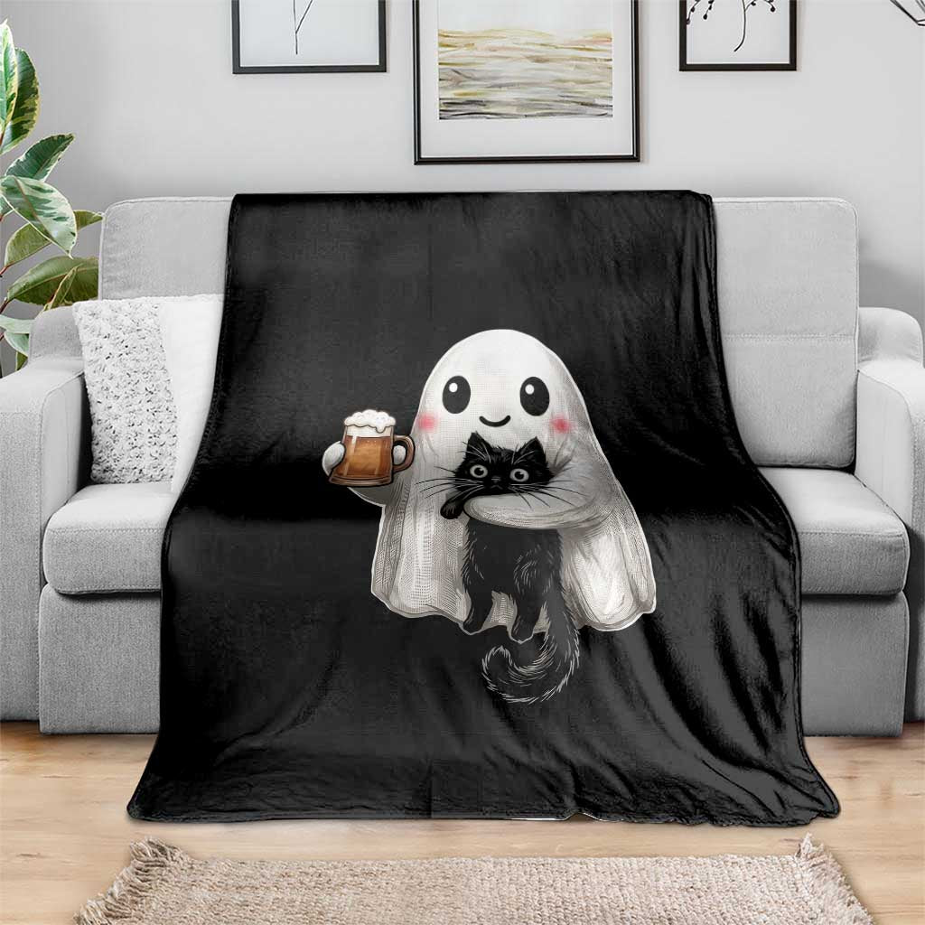 Funny Halloween Throw Blanket Cute Ghost Holding Black Cat Drinking Beer