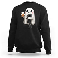 Funny Halloween Sweatshirt Cute Ghost Holding Black Cat Drinking Beer