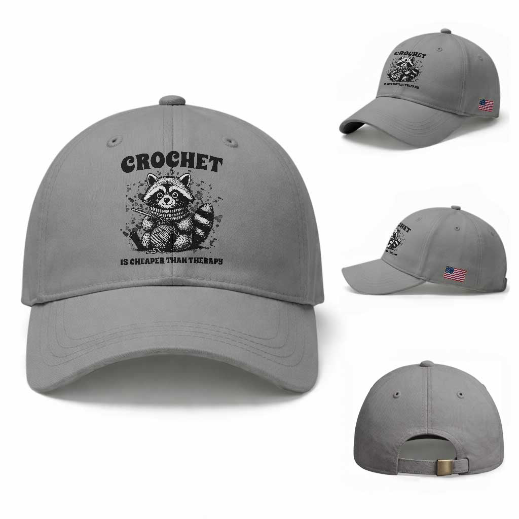 Crocheting Is Cheaper Than Therapy Baseball Cap Raccoon Yarn Lover