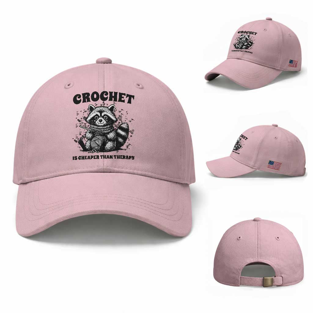 Crocheting Is Cheaper Than Therapy Baseball Cap Raccoon Yarn Lover