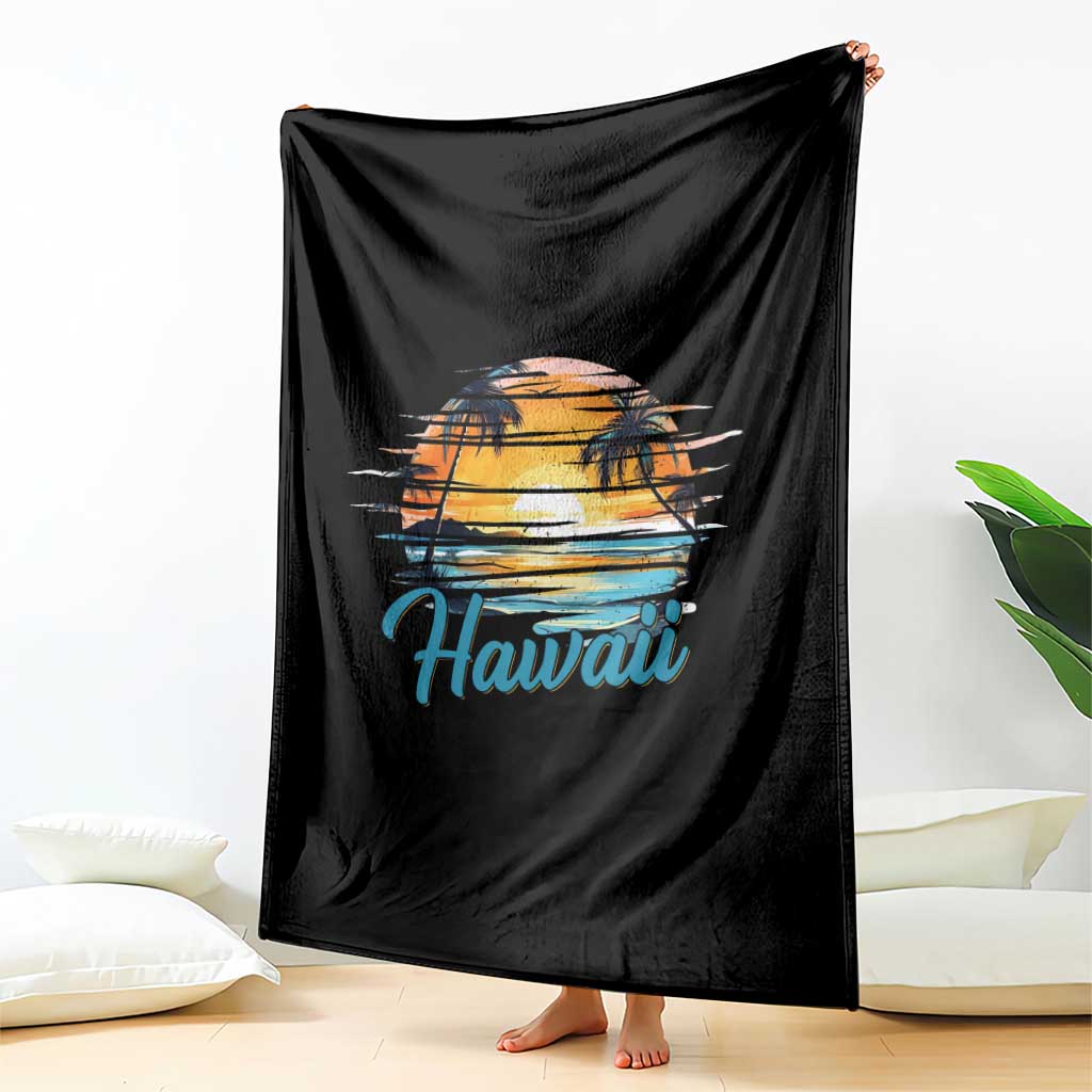 Retro Sunset Palm Tree Hawaii Throw Blanket Tropical Vacation Graphic