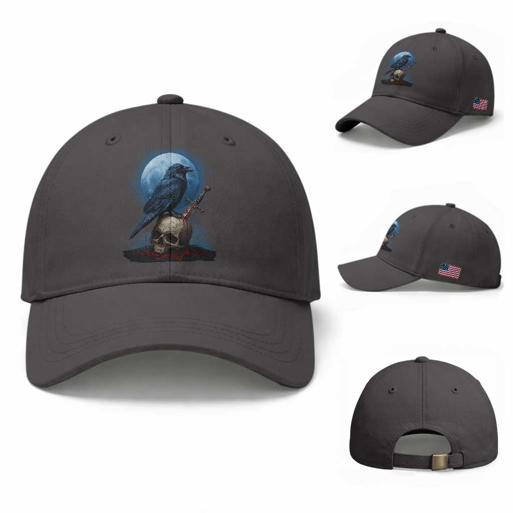 Horror Raven On Skull Baseball Cap Full Moon Gothic Art
