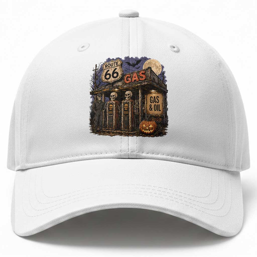Route Highway 66 Spooky Gas Station Skeleton Baseball Cap Gas Attendant Halloween Road Trip