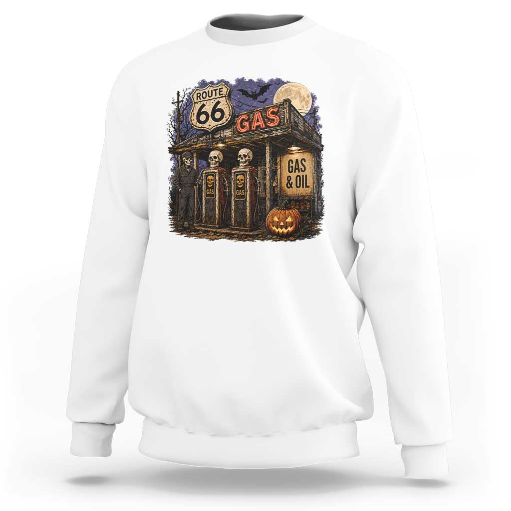 Route Highway 66 Spooky Gas Station Skeleton Sweatshirt Gas Attendant Halloween Road Trip