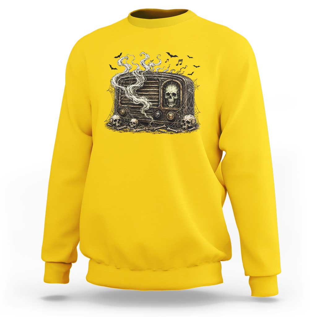 Haunted Radio Halloween Skull Ghost Sweatshirt Spooky Music Distressed Gothic Gift