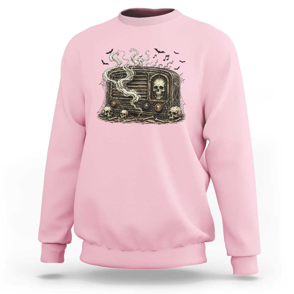 Haunted Radio Halloween Skull Ghost Sweatshirt Spooky Music Distressed Gothic Gift