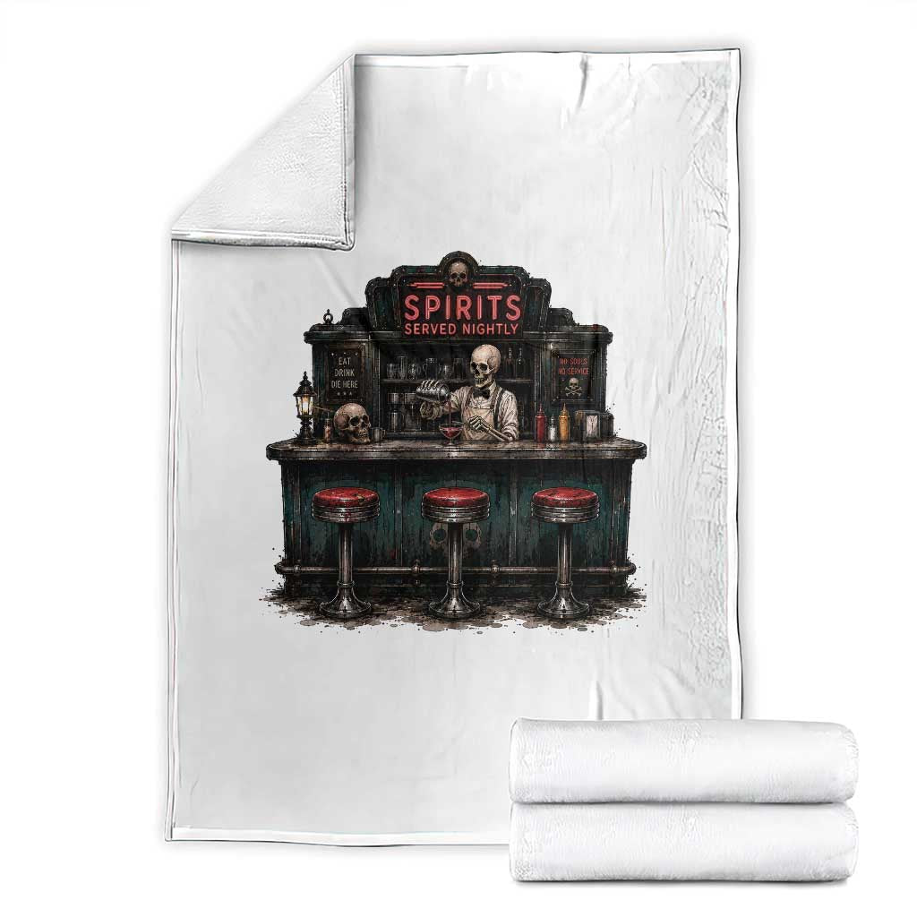 Skeleton Bartender Halloween Haunted Bar Throw Blanket Spirits Served Nightly Bar Lover
