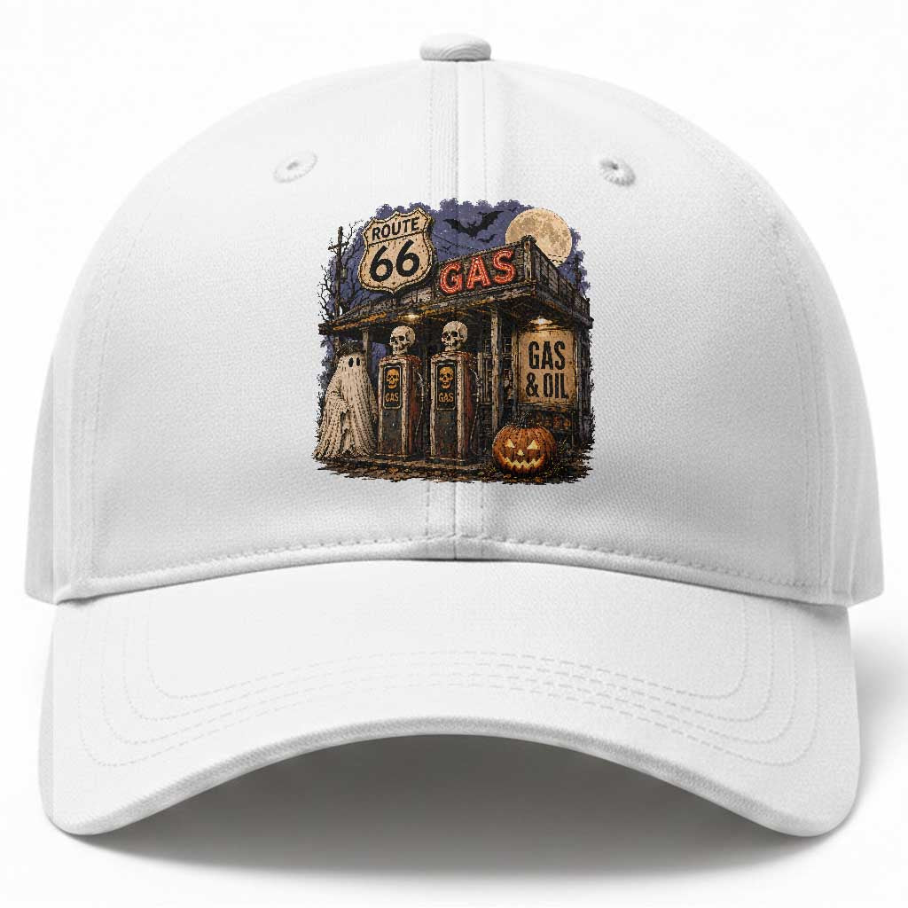Route Highway 66 Spooky Gas Station Ghost Baseball Cap Gas Attendant Halloween Road Trip