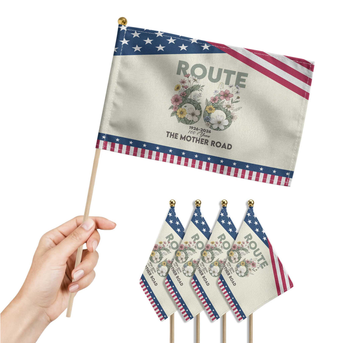 Route Highway 66 Patriotic Handheld Flag Floral Centennial 100 Year Anniversary
