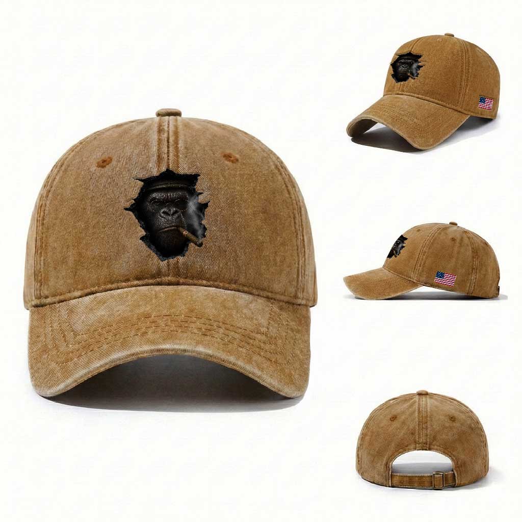Cool Gorilla With Cigar Washed Cotton Baseball Cap Animal Lover Gift