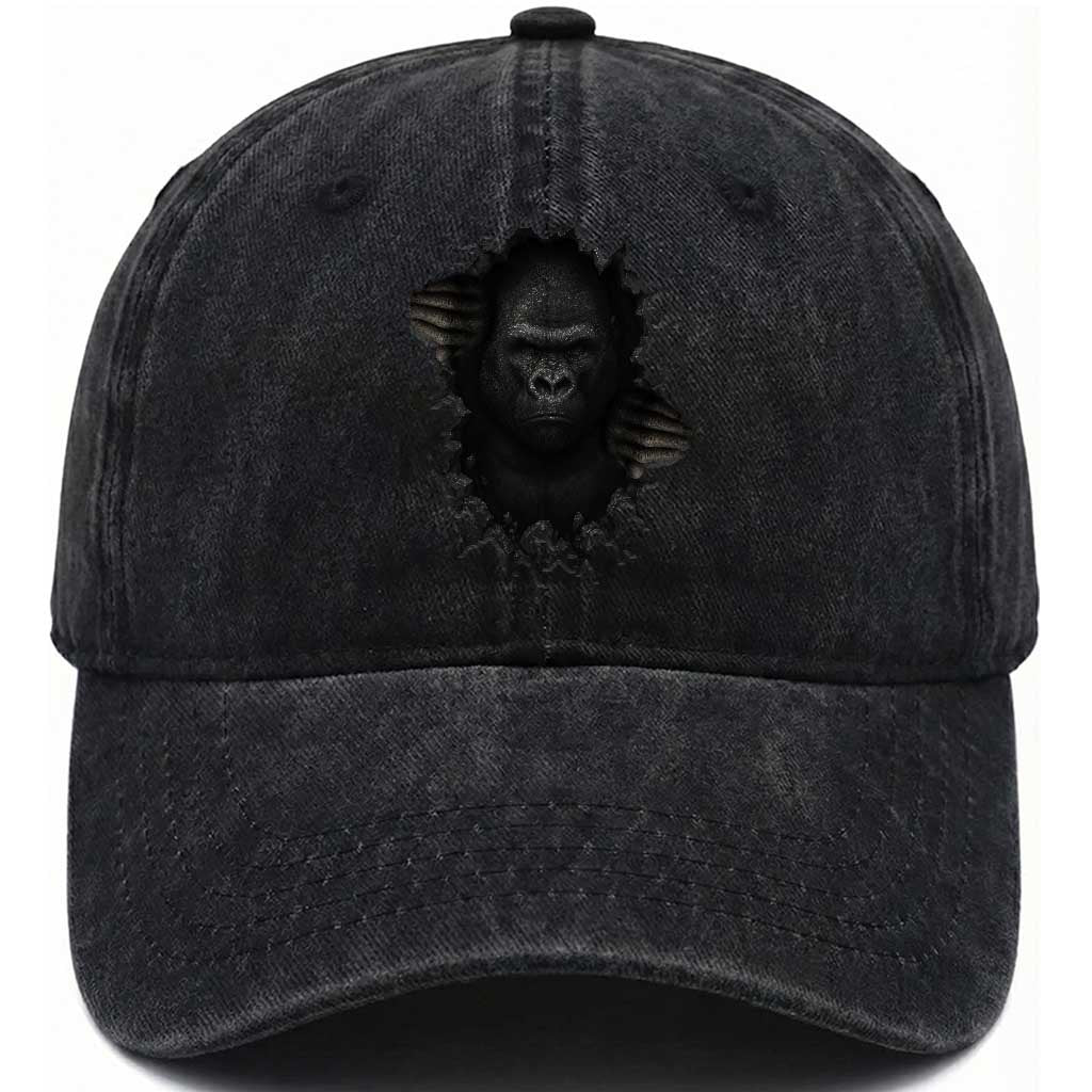 Angry Gorilla Face On Cracked Wall Washed Cotton Baseball Cap Animal Lover Gift