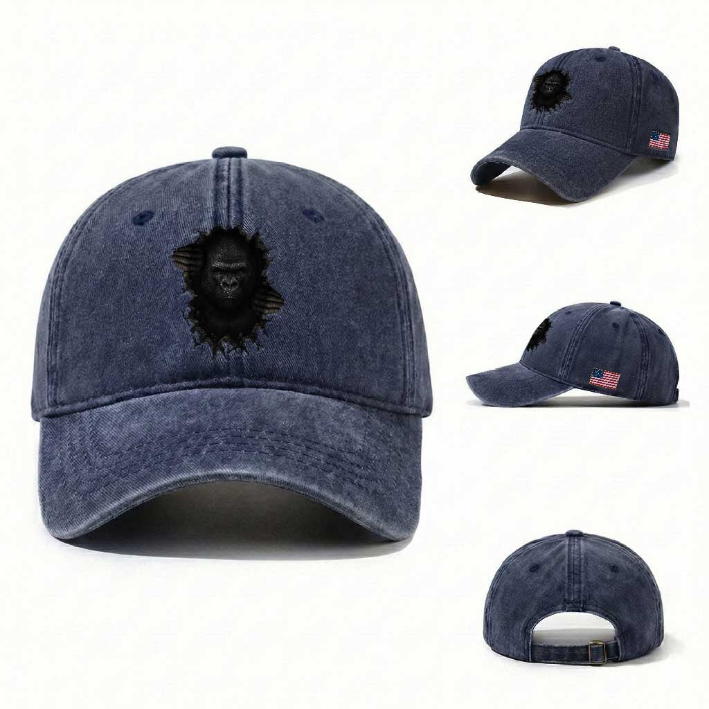 Angry Gorilla Face On Cracked Wall Washed Cotton Baseball Cap Animal Lover Gift