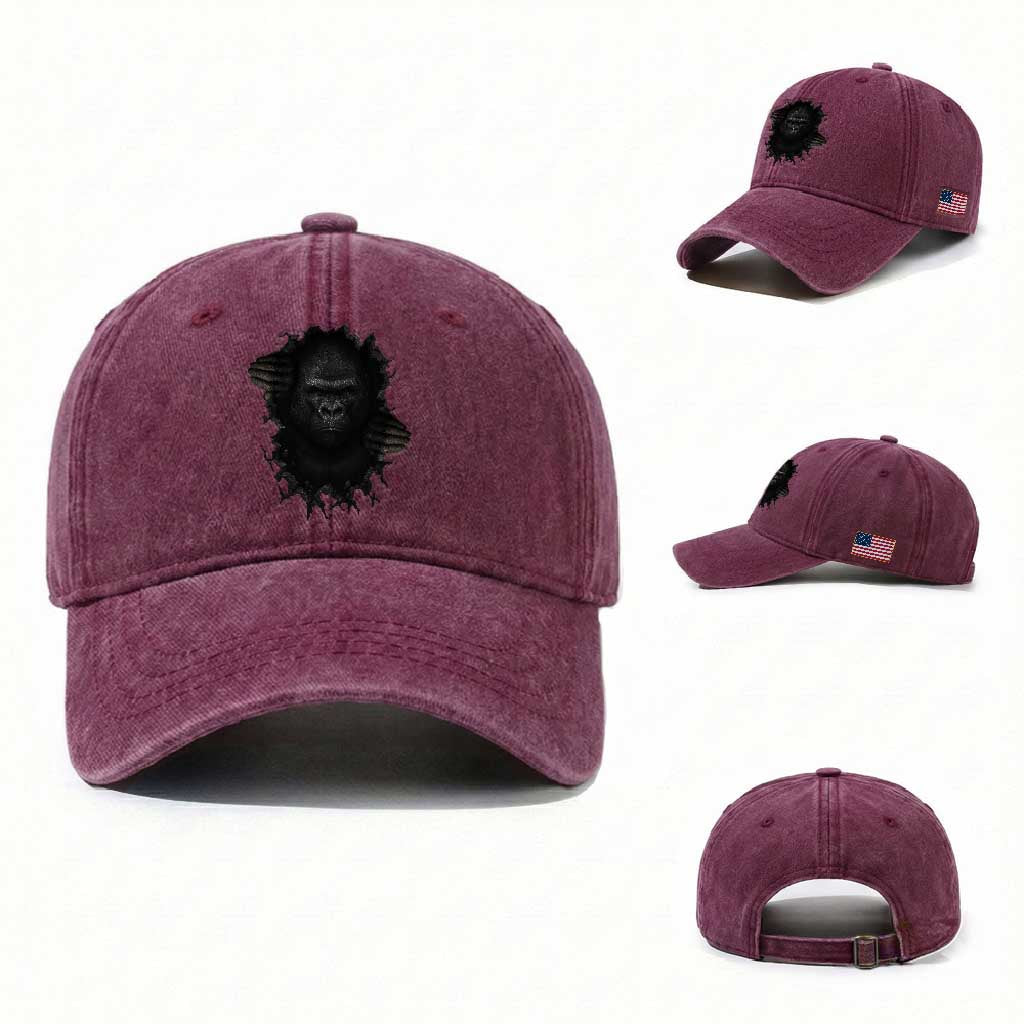 Angry Gorilla Face On Cracked Wall Washed Cotton Baseball Cap Animal Lover Gift