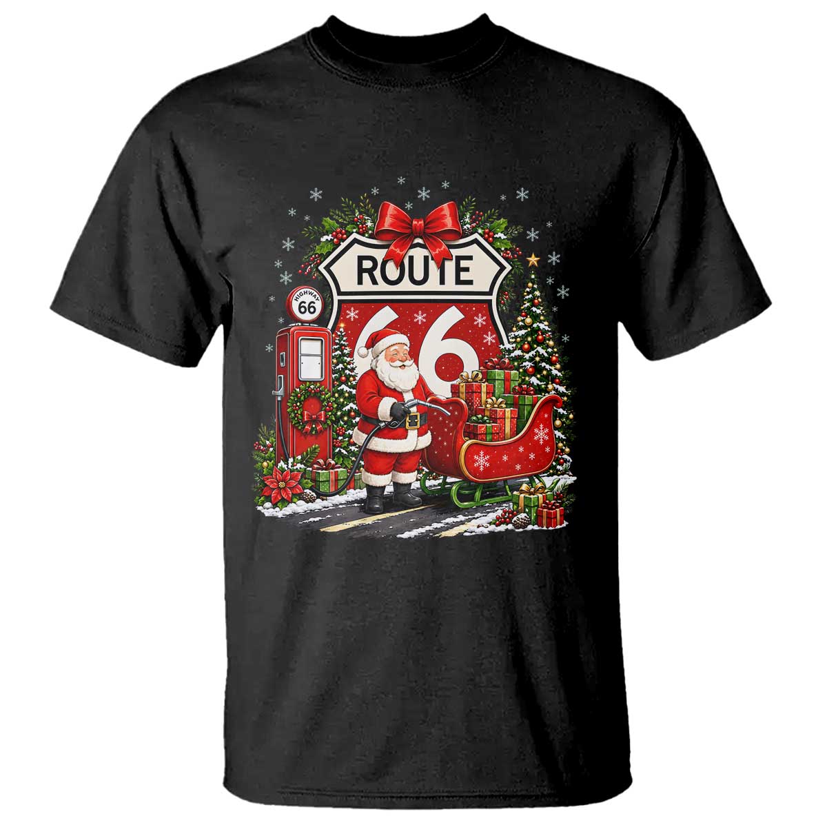 Route Highway 66 Santa Claus Gas Pump Sleigh T Shirt Funny Christmas Holiday Travel