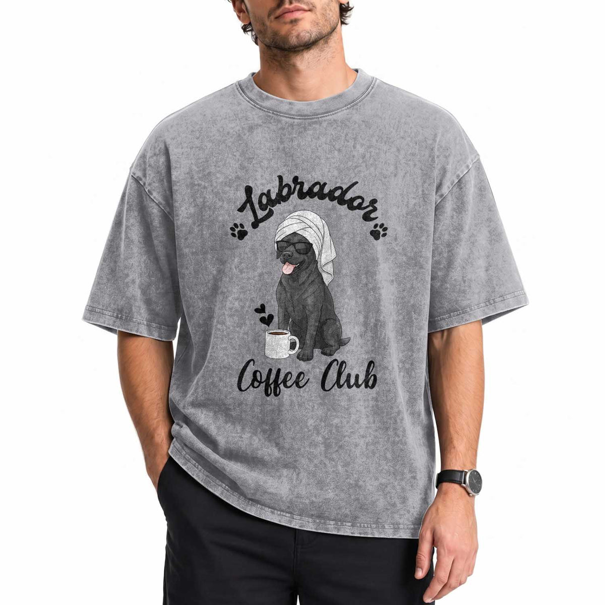 Labrador Coffee Club Washed Cotton T-Shirt Funny Dog Lover Gift