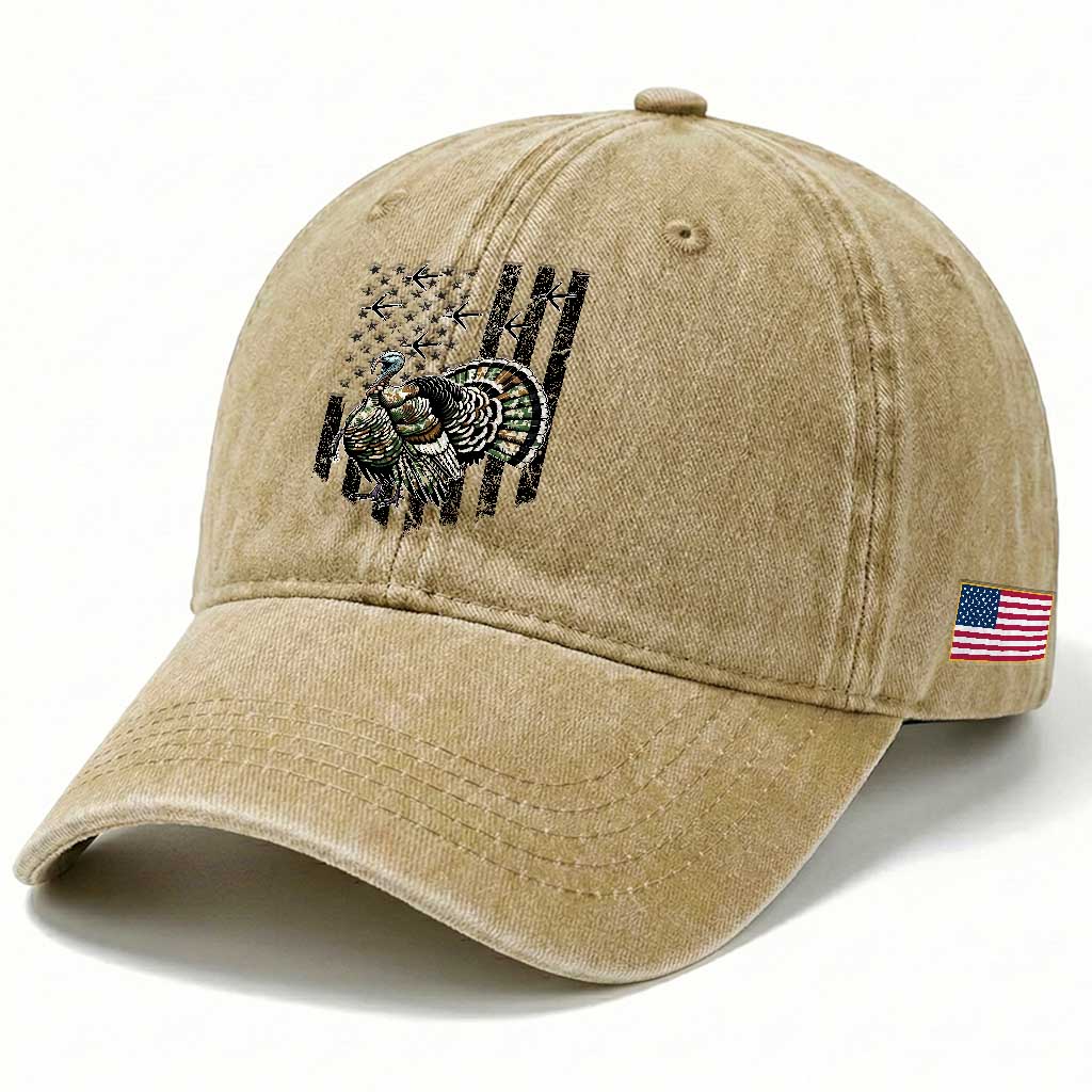 Turkey Hunter Washed Cotton Baseball Cap Patriotic American Flag Gift