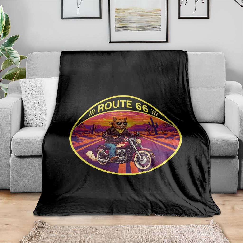Route Highway 66 Motorcycle Cat Throw Blanket Open Road Adventure Neon