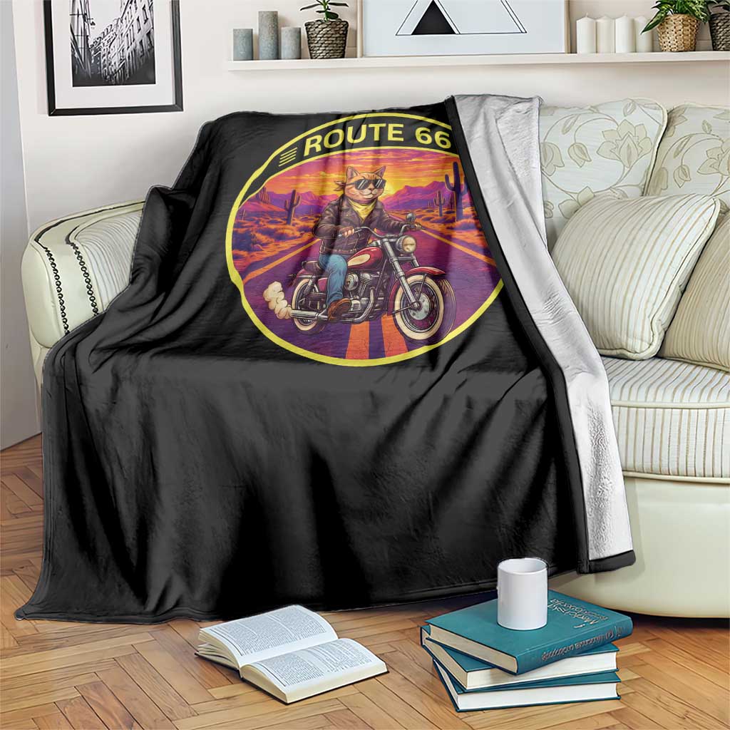 Route Highway 66 Motorcycle Cat Throw Blanket Open Road Adventure Neon
