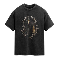 Gothic Plague Doctor Horror Washed Cotton T-Shirt Spooky Medieval Dark Folklore