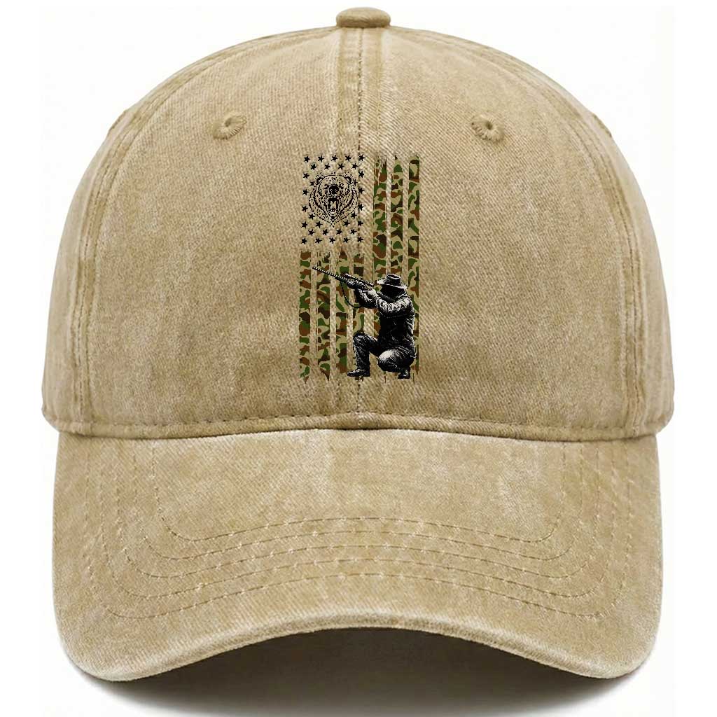 Bear Hunting Washed Cotton Baseball Cap Camo American Flag Hunter Gift