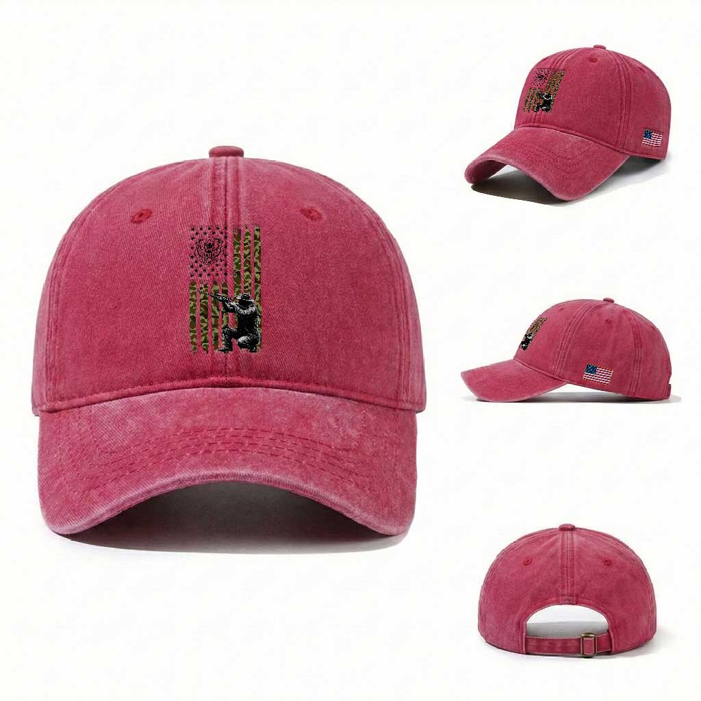 Bear Hunting Washed Cotton Baseball Cap Camo American Flag Hunter Gift