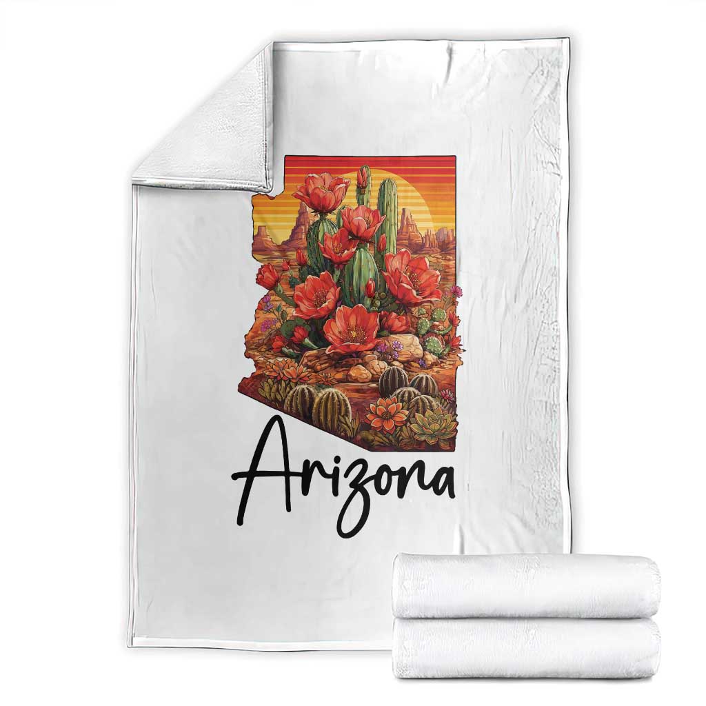 Arizona Map Blooming Cactus Flowers Gift Throw Blanket