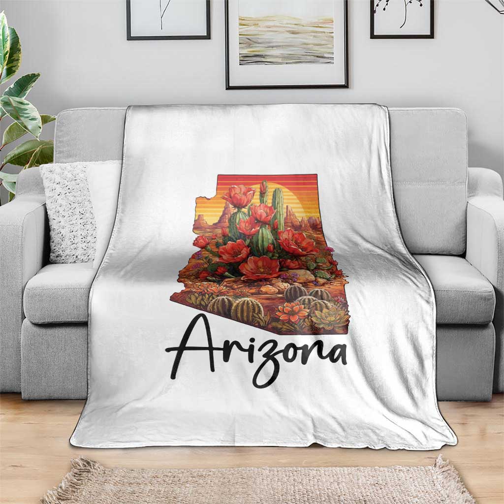 Arizona Map Blooming Cactus Flowers Gift Throw Blanket
