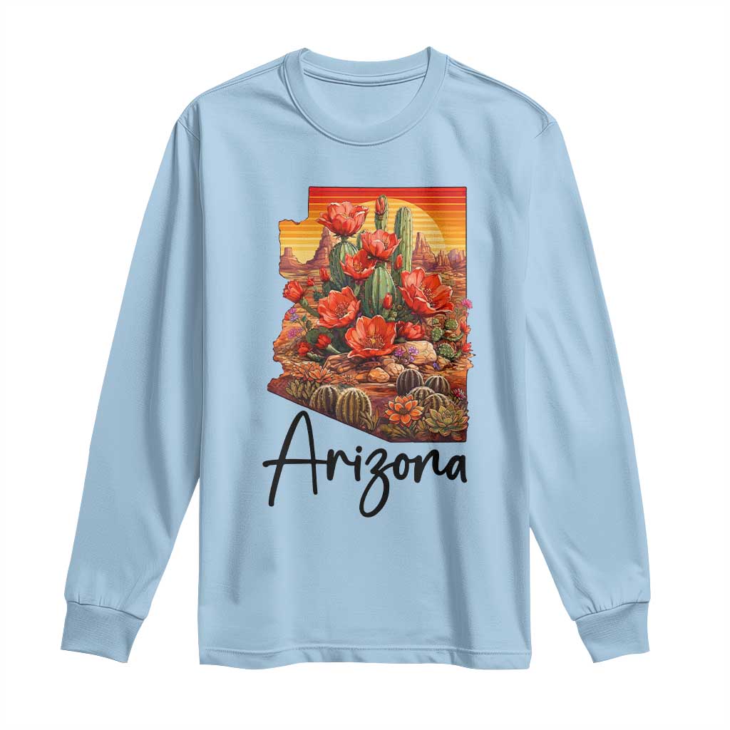 Arizona Map Blooming Cactus Flowers Gift Long Sleeve Shirt