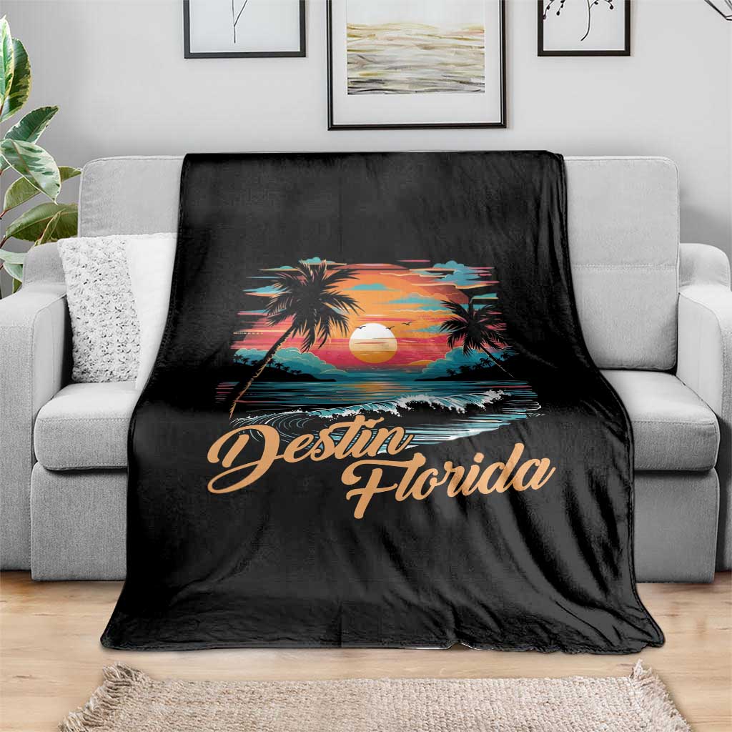 Destin Florida Beach Throw Blanket Retro Sunset Palm Tree Graphic