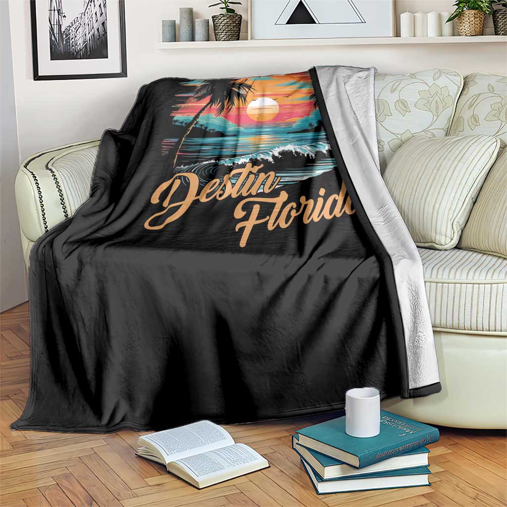 Destin Florida Beach Throw Blanket Retro Sunset Palm Tree Graphic
