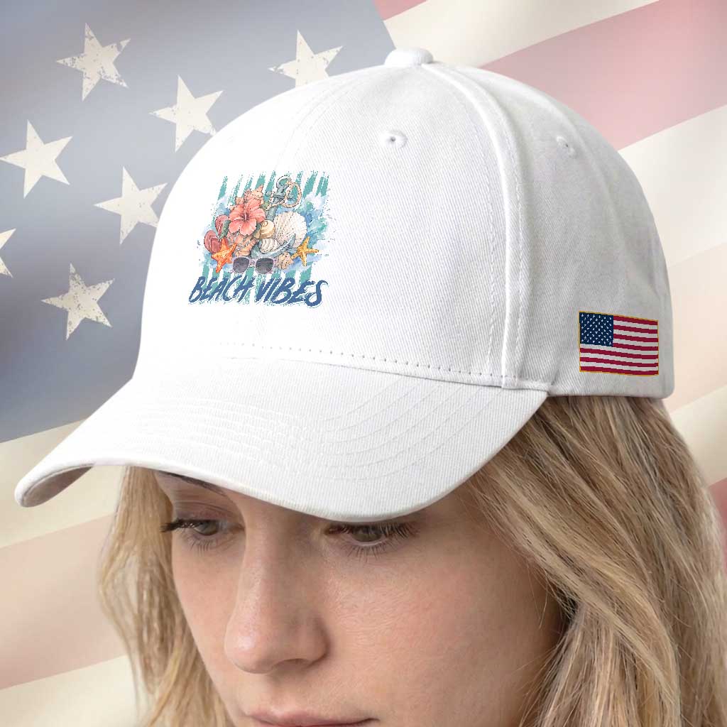 Beach Vibes Baseball Cap Floral Seashell Coastal Vacation Graphic