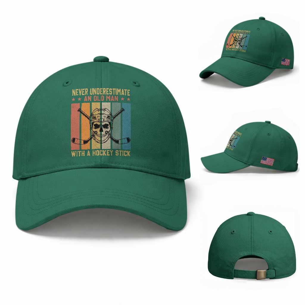 Retro Ice Hockey Player Baseball Cap Funny Never Underestimate An Old Man