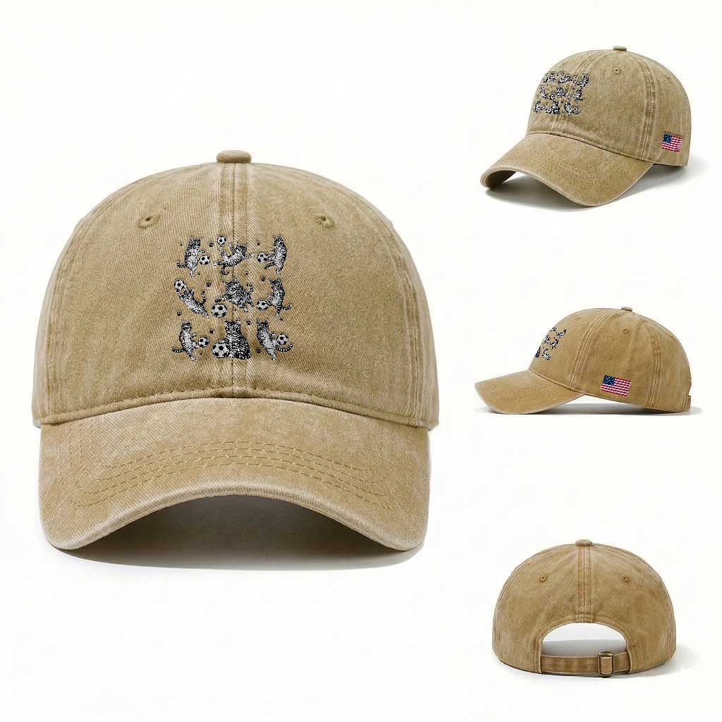 Funny Cat Soccer Player Washed Cotton Baseball Cap Gift For Soccer Lovers