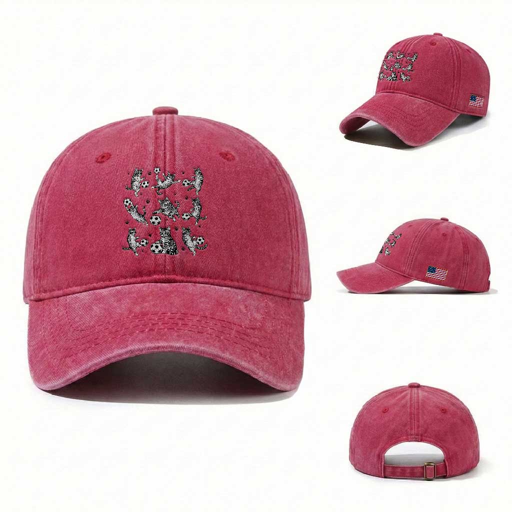 Funny Cat Soccer Player Washed Cotton Baseball Cap Gift For Soccer Lovers